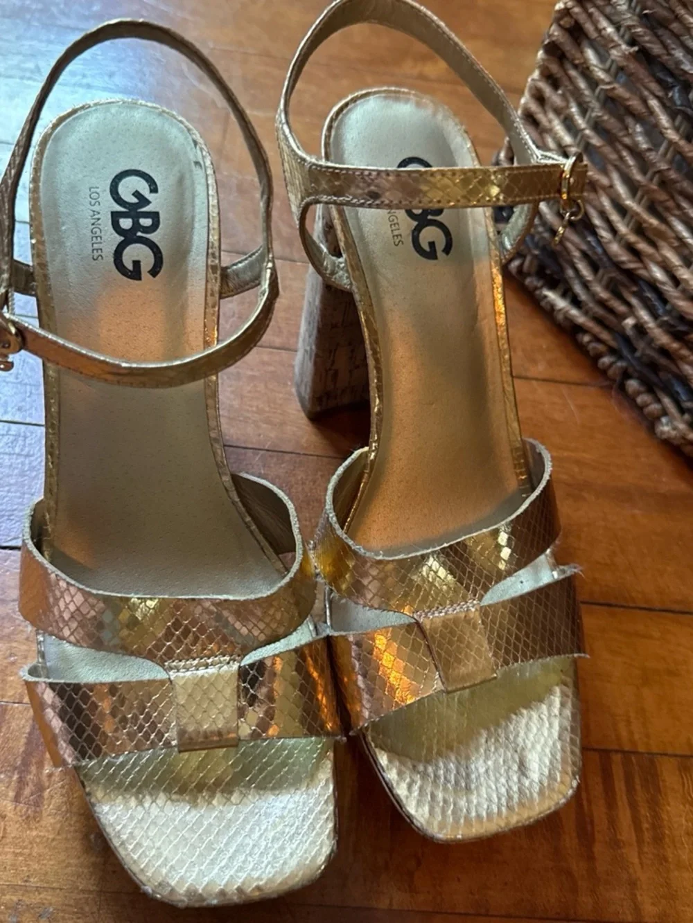 G by Guess Metallic Gold Platform Block Heel Sandals